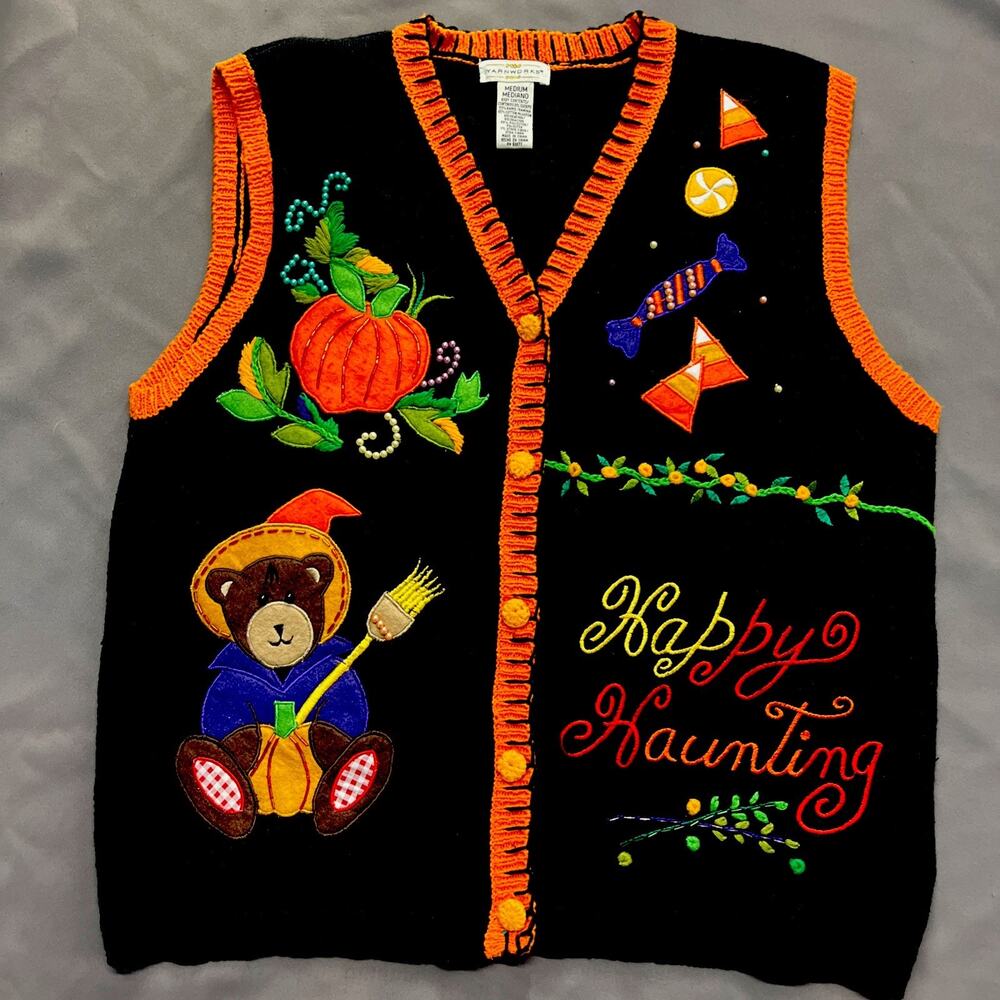 Vintage Yarn Works Happy Haunting Halloween knit vest Pumpkin Teddy Bear M